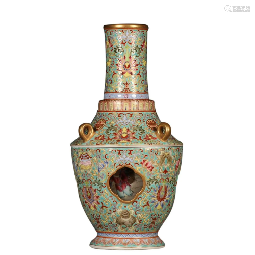 GREEN GROUND AND FAMILLE ROSE 'FLORAL' VASE WITH