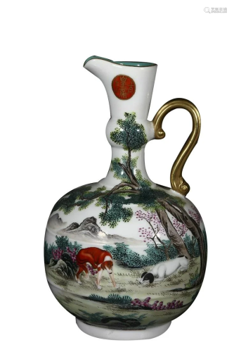 FAMILLE ROSE 'HORSE AND LANDSCAPE' EWER WITH HANDLE
