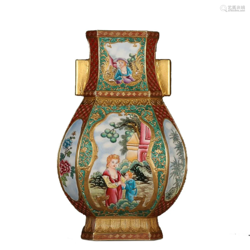 PAINTED ENAMEL 'WESTERN FIGURE STORY' VASE WITH TUBULAR