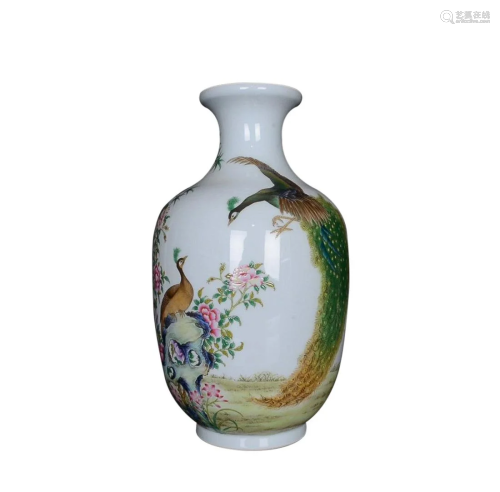 PAINTED ENAMEL 'PEACOCK AND PEONY' VASE