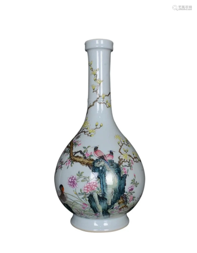 PAINTED ENAMEL 'BIRD AND FLORAL' LONG-NECK VASE