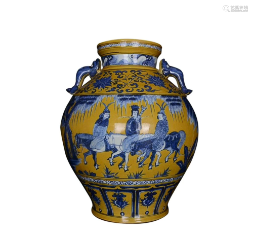 YELLOW GROUND BLUE & WHITE 'FIGURE STORY' JAR WITH