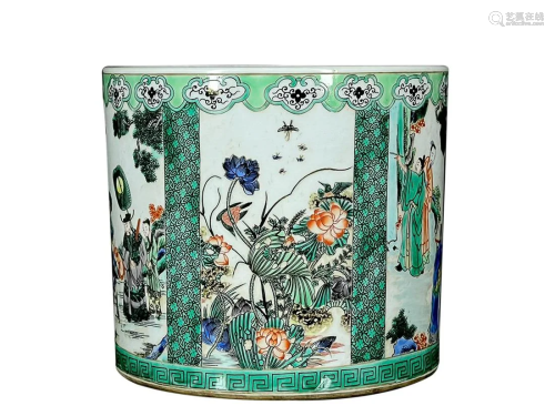 FAMILLE VERTE 'FIGURE AND BIRD' BRUSH POT