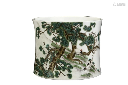 FAMILLE VERTE 'CRANE AND TREE' BRUSH POT