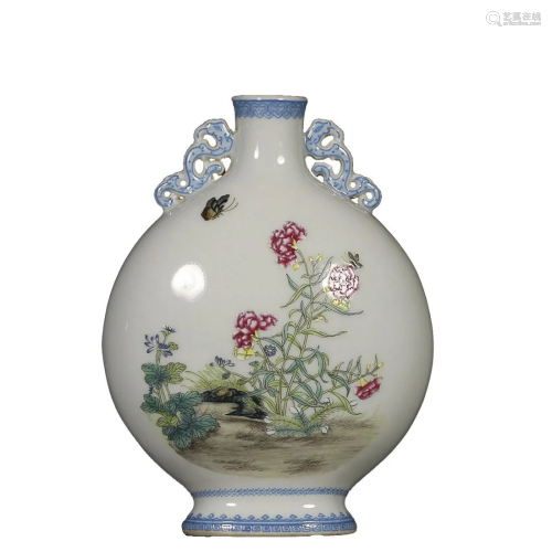 PAINTED ENAMEL 'BUTTERFLY AND FLORAL' MOON FLASK VASE