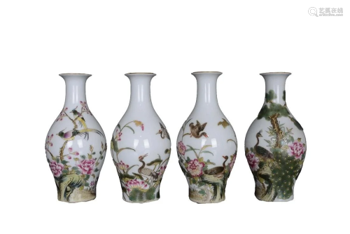 SET OF PAINTED ENAMEL 'BIRD AND FLORAL' VASES