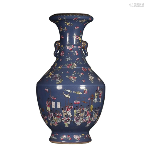 BLUE GROUND FAMILLE ROSE 'CHILDREN AT PLAY' VASE WITH