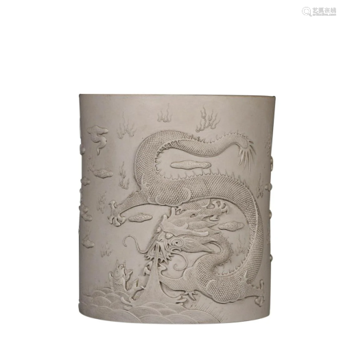 WHITE GLAZED 'DRAGON IN OCEAN' BRUSH POT