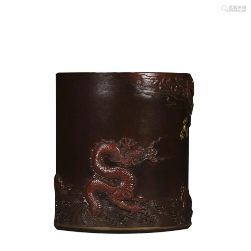 RED GLAZED 'DRAGON IN OCEAN' BRUSH POT