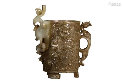 ANTIQUE JADE CUP CARVED WITH DRAGON AND PHOENIX