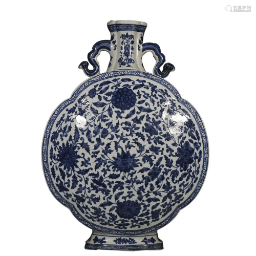 BLUE & WHITE 'FLORAL' MOON FLASK VASE WITH HANDLES