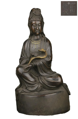 SILVER INSET GILT COPPER ALLOY FIGURE OF GUANYIN