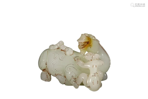 ANTIQUE JADE ORNAMENT OF FIGURE AND BEAST