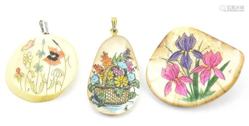 Hand Painted Scrimshaw Necklace Pendants & Brooch