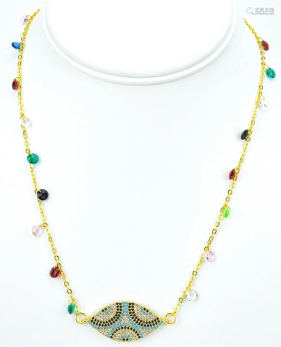 Pave Set Evil Eye Necklace w Gilt Metal Chain