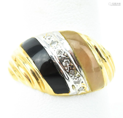 Estate 14 kt Gold Diamond Onyx & Rose Quartz Ring