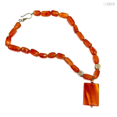 Vintage Agate Bead Necklace with Sterling Vermeil