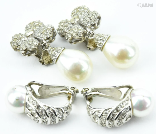 2 Pairs Sterling Rhinestone & Faux Pearl Earrings