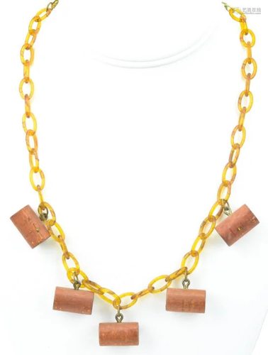 Retro Faux Tortoise & Carved Wood Necklace