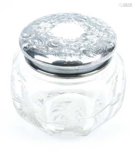 Antique Cut Frosted Art Glass & Silver Vanity Jar