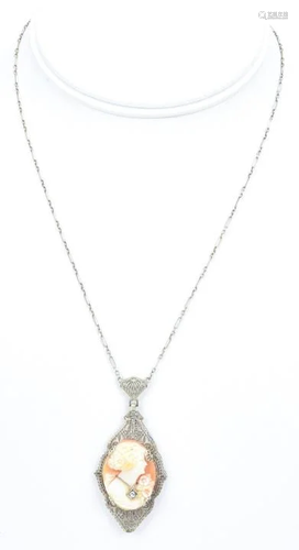 Antique 14kt White Gold Diamond & Cameo Necklace