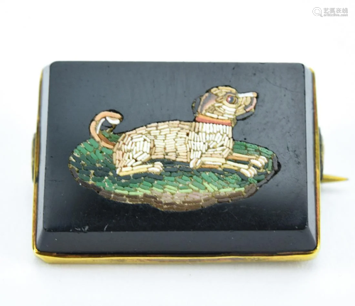 Antique 19th C 14kt Gold Micro Mosaic Dog Brooch