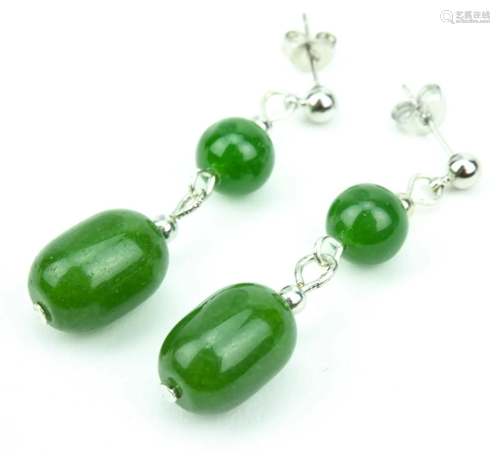 Pair Sterling & Green Nephrite Jade Earrings