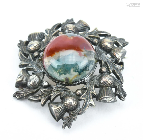 Antique Scottish Sterling & Agate Thistle Brooch