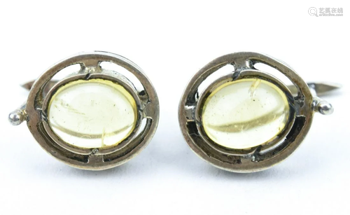 Pair Sterling Silver & Citrine Cabochon Earrings