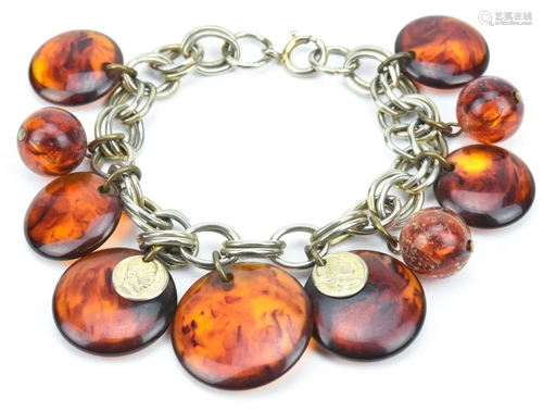 Vintage Charm Bracelet W Faux Amber & Coins