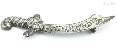 Antique Repousse Sterling Silver Sword Brooch