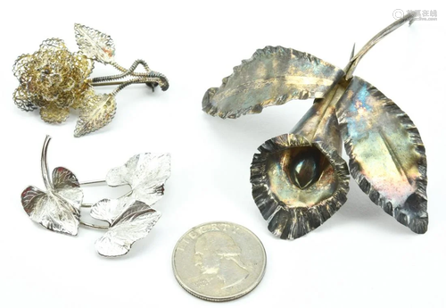 3 Sterling Silver Floral & Leaf Brooches