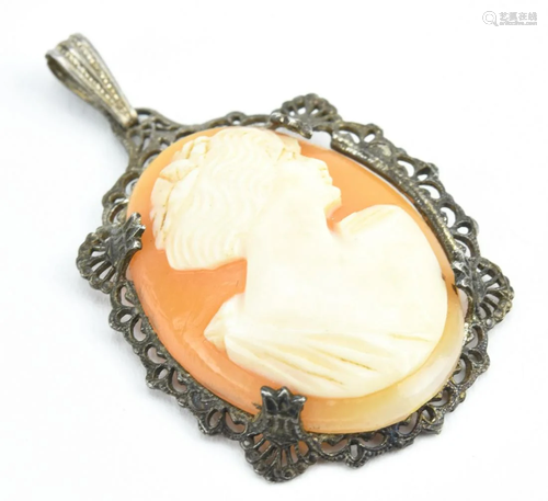 Antique Silver & Shell Cameo Necklace Pendant