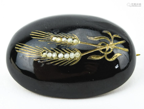 Antique 19th C Black Enamel Mourning Brooch