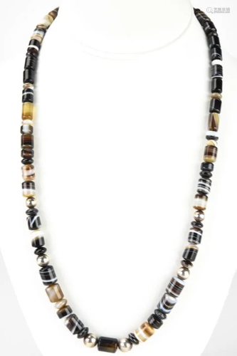 Estate Sterling & Banded Black Agate Necklace