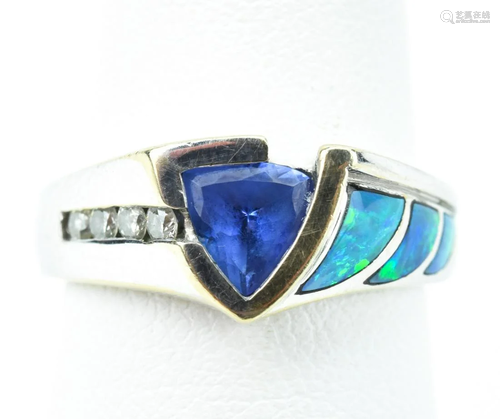 14kt White Gold Tanzanite Diamond & Opal Ring