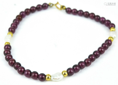 Estate 14KT Gold Garnet & Pearl Bracelet