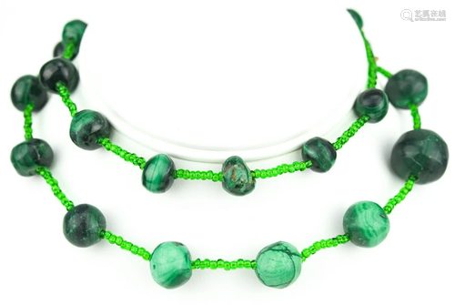 Estate Art Glass & Malachite Necklace Strand