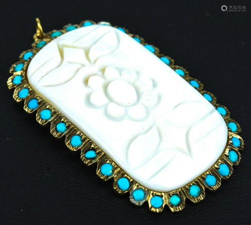 Vermeil Set Carved Shell & Turquoise Pendant