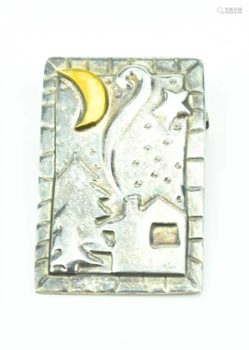 Sterling Silver Brooch W Crescent Moon & Star