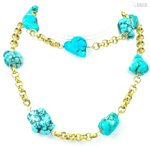 Necklace w Gilt Metal Rolo Links & Turquoise Beads