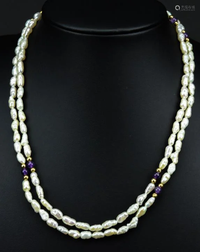 Yellow Gold Amethyst & Baroque Seed Pearl Necklace