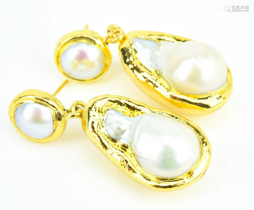 Pair Gold Plated Baroque Pearl Earrings