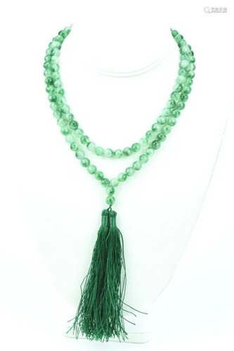 Green & White Jade Necklace Strand W Tassel