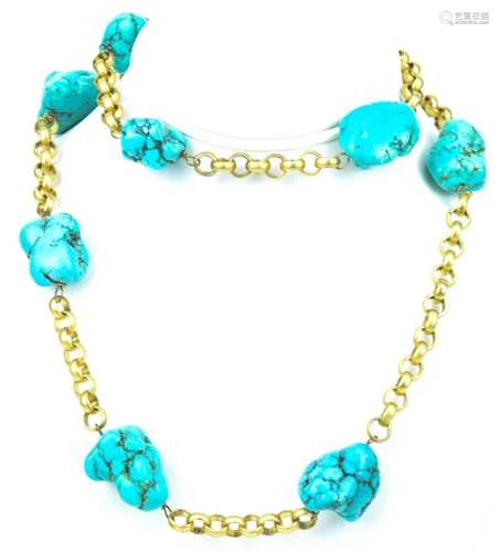 Necklace w Gilt Metal Rolo Links & Turquoise Beads