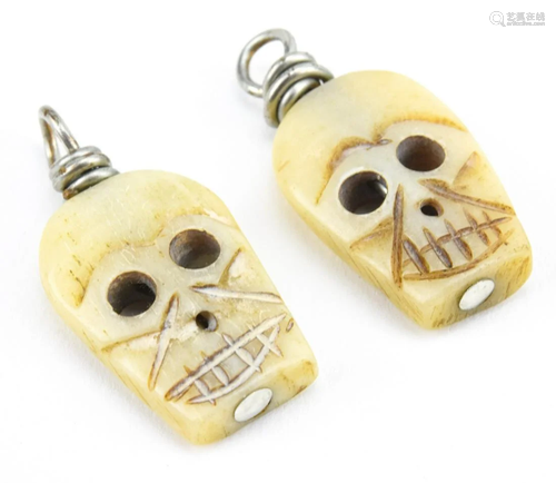 2 Hand Carved Bone Skull Necklace Pendants