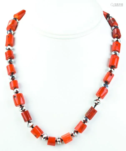 Coral Faceted Hematite & Sterling Silver Necklace