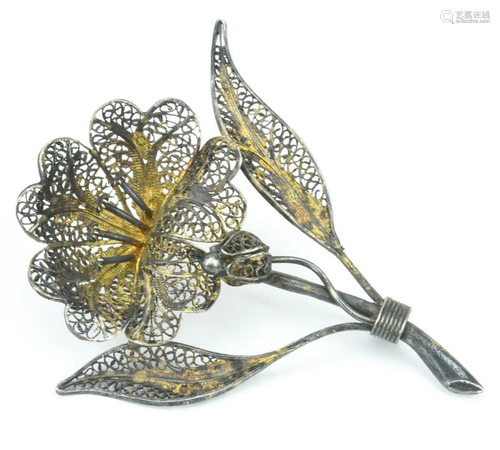 Antique 800 Silver Filigree Orchid Flower Brooch