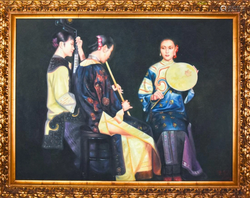 Large Chinese Oil Painting of Three Court Figures