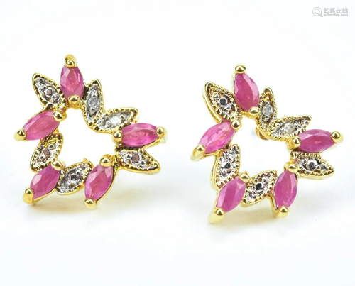 Pair of Estate Marquis Cut Ruby & Diamond Earrings